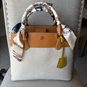 Tory Burch Tan and Cream Satchel with Scarf Accent